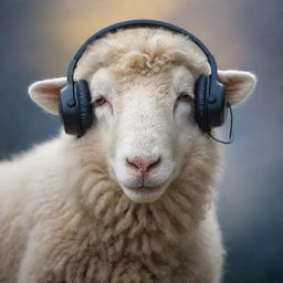 Create an ethereal image focused on the face of a sheep peacefully listening to music, eyes closed, tears streaming down their cheeks and a soft smile, as if they are amidst the heavens.