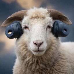 Create an ethereal image focused on the face of a sheep peacefully listening to music, eyes closed, tears streaming down their cheeks and a soft smile, as if they are amidst the heavens.