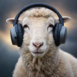 Create an ethereal image focused on the face of a sheep peacefully listening to music, eyes closed, tears streaming down their cheeks and a soft smile, as if they are amidst the heavens.