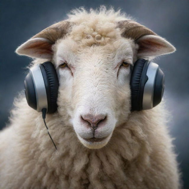 Create an ethereal image focused on the face of a sheep peacefully listening to music, eyes closed, tears streaming down their cheeks and a soft smile, as if they are amidst the heavens.