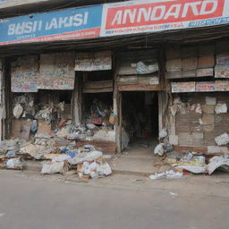 Visualize a Pakistani shop displaying signs of disarray with a misplaced shop fascia. Inside, an atmosphere of mild chaos prevails with items disheveled, hinting at recent turmoil or disruption.