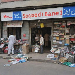 Visualize a Pakistani shop displaying signs of disarray with a misplaced shop fascia. Inside, an atmosphere of mild chaos prevails with items disheveled, hinting at recent turmoil or disruption.