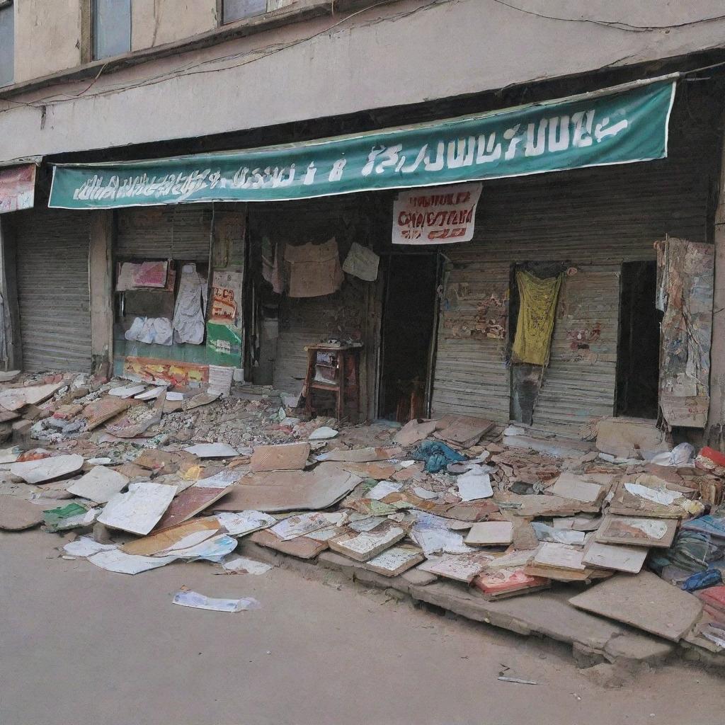 Visualize a Pakistani shop displaying signs of disarray with a misplaced shop fascia. Inside, an atmosphere of mild chaos prevails with items disheveled, hinting at recent turmoil or disruption.