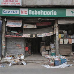 Visualize a Pakistani shop displaying signs of disarray with a misplaced shop fascia. Inside, an atmosphere of mild chaos prevails with items disheveled, hinting at recent turmoil or disruption.