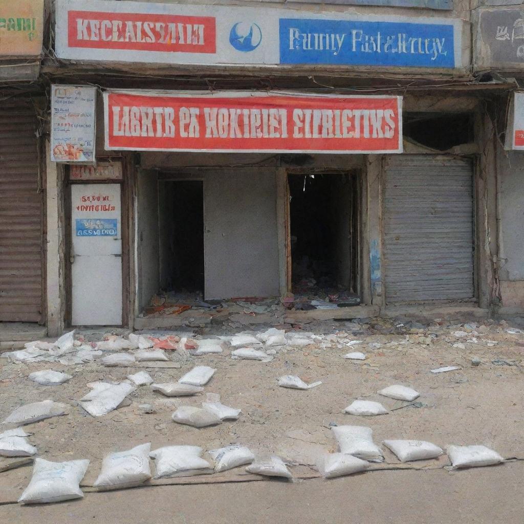 A Pakistani fertilizer shop in a state of disarray. The shop fascia is dislodged and skewed. Inside, signs of mild chaos and destruction are evident, with bags of fertilizers strewn about, and broken shelves, implying recent tumult.