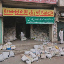 A Pakistani fertilizer shop in a state of disarray. The shop fascia is dislodged and skewed. Inside, signs of mild chaos and destruction are evident, with bags of fertilizers strewn about, and broken shelves, implying recent tumult.