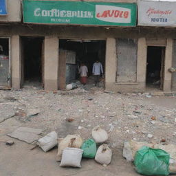 A Pakistani fertilizer shop in a state of disarray. The shop fascia is dislodged and skewed. Inside, signs of mild chaos and destruction are evident, with bags of fertilizers strewn about, and broken shelves, implying recent tumult.