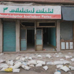 A Pakistani fertilizer shop in a state of disarray. The shop fascia is dislodged and skewed. Inside, signs of mild chaos and destruction are evident, with bags of fertilizers strewn about, and broken shelves, implying recent tumult.