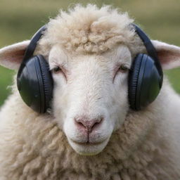 Create an animated image focused on the face of a peaceful sheep listening to soothing music, eyes closed, tears streaming down its face and a small smile, giving it a tranquil vibe.