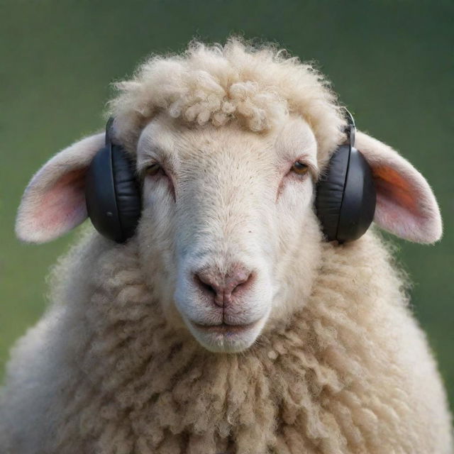 Create an animated image focused on the face of a peaceful sheep listening to soothing music, eyes closed, tears streaming down its face and a small smile, giving it a tranquil vibe.