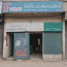 A Pakistani fertilizer shop looking a little worse for wear, with its shop fascia noticeably out of place. The shop is brimming with arrayed bags of fertilizers, blending perfectly with the disordered charm.