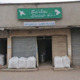 A Pakistani fertilizer shop looking a little worse for wear, with its shop fascia noticeably out of place. The shop is brimming with arrayed bags of fertilizers, blending perfectly with the disordered charm.