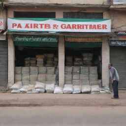 A Pakistani fertilizer shop looking a little worse for wear, with its shop fascia noticeably out of place. The shop is brimming with arrayed bags of fertilizers, blending perfectly with the disordered charm.