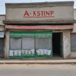 A Pakistani fertilizer shop looking a little worse for wear, with its shop fascia noticeably out of place. The shop is brimming with arrayed bags of fertilizers, blending perfectly with the disordered charm.