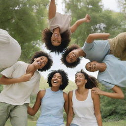 A circle of diverse friends, warmly laughing together, in the midst of a verdant park under a clear sky.