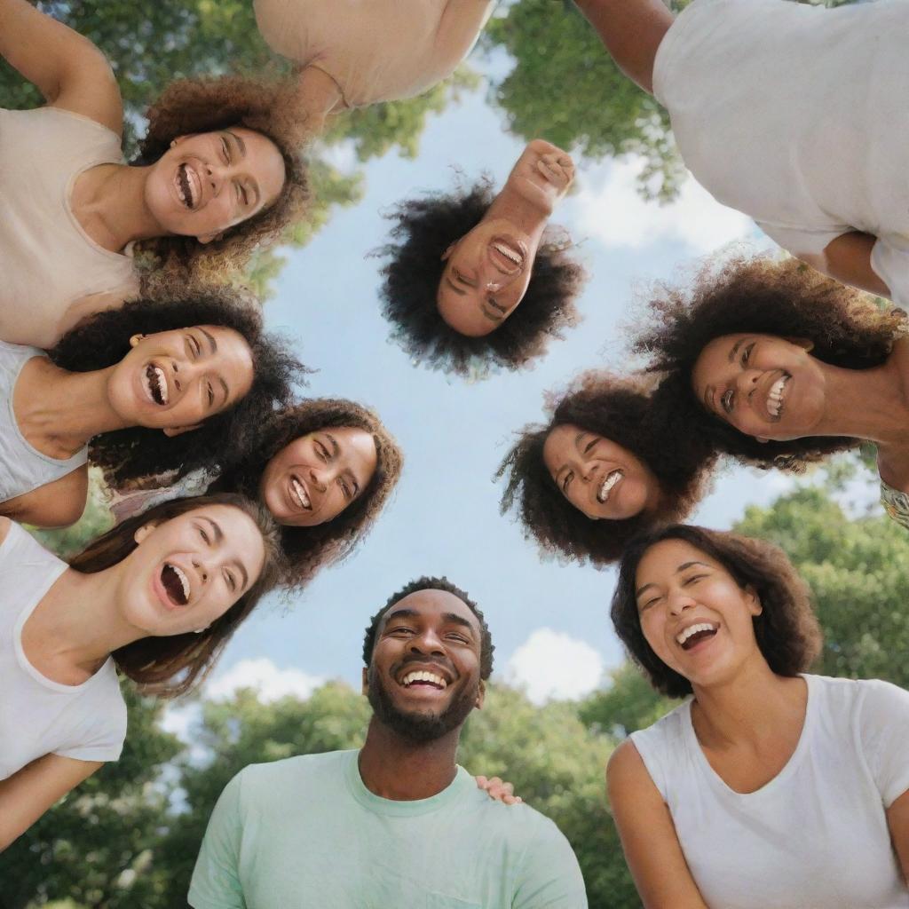 A circle of diverse friends, warmly laughing together, in the midst of a verdant park under a clear sky.