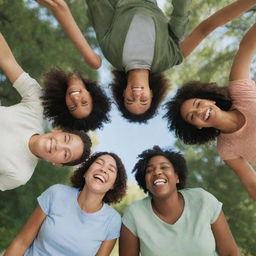 A circle of diverse friends, warmly laughing together, in the midst of a verdant park under a clear sky.