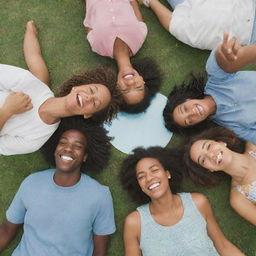 A circle of diverse friends, warmly laughing together, in the midst of a verdant park under a clear sky.