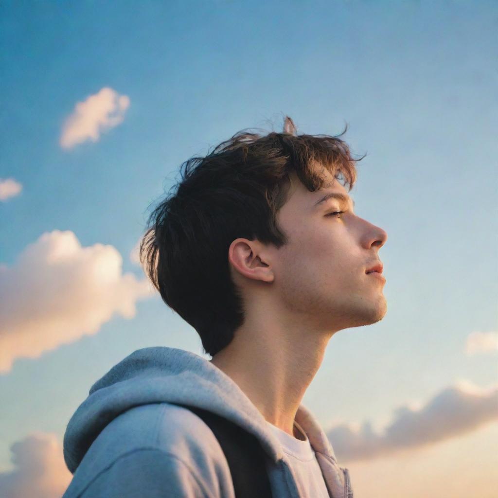 Craft a side profile of a young man looking at the sky, listening to music, a small tear of joy on his face symbolizing hope, all in a lofi aesthetic.