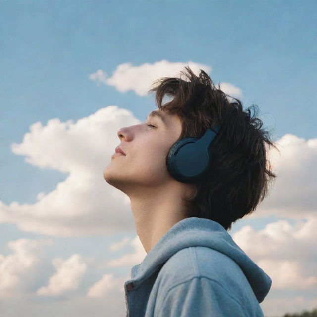 Craft a side profile of a young man looking at the sky, listening to music, a small tear of joy on his face symbolizing hope, all in a lofi aesthetic.