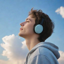 Craft a side profile of a young man looking at the sky, listening to music, a small tear of joy on his face symbolizing hope, all in a lofi aesthetic.