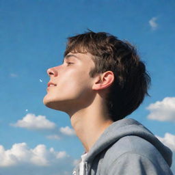 Craft a side profile of a young man looking at the sky, listening to music, a small tear of joy on his face symbolizing hope, all in a lofi aesthetic.