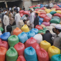 A high-energy scene at a bustling Pakistani fertilizer shop during peak hours. Customers hustling and bustling, negotiating deals, shopkeeper busily attending to them amid stacks of colorful fertilizer bags, capturing the essence of a typical rush hour.