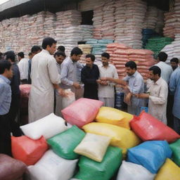 A high-energy scene at a bustling Pakistani fertilizer shop during peak hours. Customers hustling and bustling, negotiating deals, shopkeeper busily attending to them amid stacks of colorful fertilizer bags, capturing the essence of a typical rush hour.