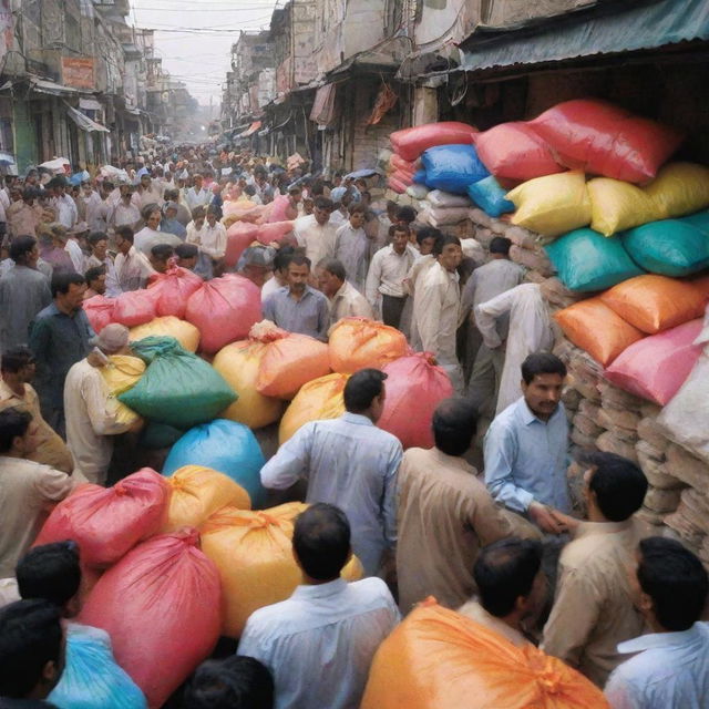 A high-energy scene at a bustling Pakistani fertilizer shop during peak hours. Customers hustling and bustling, negotiating deals, shopkeeper busily attending to them amid stacks of colorful fertilizer bags, capturing the essence of a typical rush hour.