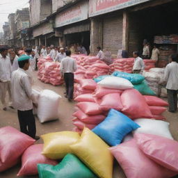 A high-energy scene at a bustling Pakistani fertilizer shop during peak hours. Customers hustling and bustling, negotiating deals, shopkeeper busily attending to them amid stacks of colorful fertilizer bags, capturing the essence of a typical rush hour.