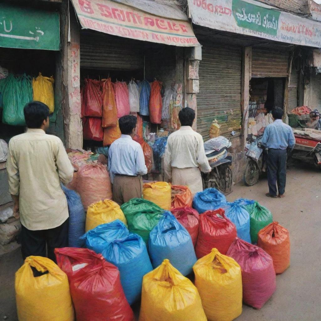 A solitary Pakistani fertilizer shop thrumming with activity during rush hour. Swarms of customers traverse the shop, interacting with the busy shopkeeper. Colorful bags of fertilizer form a vibrant backdrop amid frenzied commerce.