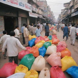 A solitary Pakistani fertilizer shop thrumming with activity during rush hour. Swarms of customers traverse the shop, interacting with the busy shopkeeper. Colorful bags of fertilizer form a vibrant backdrop amid frenzied commerce.