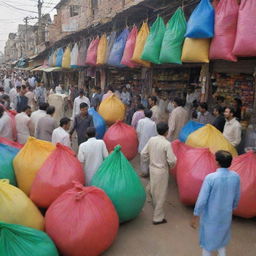 A solitary Pakistani fertilizer shop thrumming with activity during rush hour. Swarms of customers traverse the shop, interacting with the busy shopkeeper. Colorful bags of fertilizer form a vibrant backdrop amid frenzied commerce.