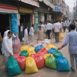 A solitary Pakistani fertilizer shop thrumming with activity during rush hour. Swarms of customers traverse the shop, interacting with the busy shopkeeper. Colorful bags of fertilizer form a vibrant backdrop amid frenzied commerce.