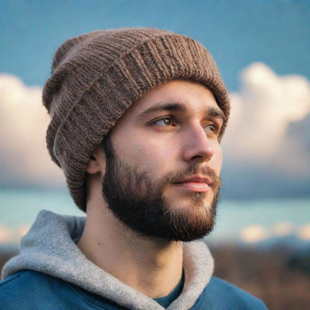 Create a side portrait in a lofi style of a youthful individual with a well-groomed beard and beanie, staring at the sky while listening to music, a solitary tear of joy on his face embodying hope.