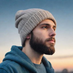 Create a side portrait in a lofi style of a youthful individual with a well-groomed beard and beanie, staring at the sky while listening to music, a solitary tear of joy on his face embodying hope.