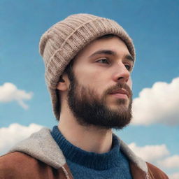 Create a side portrait in a lofi style of a youthful individual with a well-groomed beard and beanie, staring at the sky while listening to music, a solitary tear of joy on his face embodying hope.