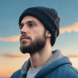 Create a side portrait in a lofi style of a youthful individual with a well-groomed beard and beanie, staring at the sky while listening to music, a solitary tear of joy on his face embodying hope.