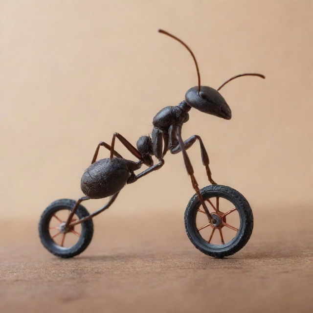 A detailed and realistic image of an ant riding a miniature bicycle