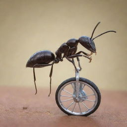 A detailed and realistic image of an ant riding a miniature bicycle