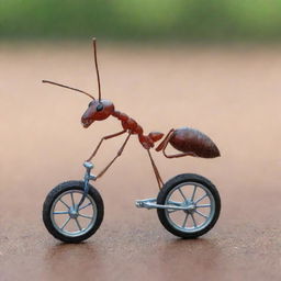 A detailed and realistic image of an ant riding a miniature bicycle