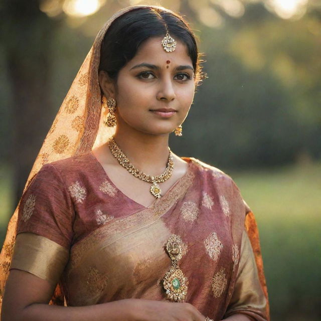 A confident, fashionable Indian woman from the 1960's, illuminated by the warm glow of late afternoon light, adorned in the traditional attire of the era.