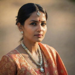 A confident, fashionable Indian woman from the 1960's, illuminated by the warm glow of late afternoon light, adorned in the traditional attire of the era.