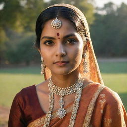 A confident, fashionable Indian woman from the 1960's, illuminated by the warm glow of late afternoon light, adorned in the traditional attire of the era.