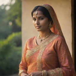 A confident, fashionable Indian woman from the 1960's, illuminated by the warm glow of late afternoon light, adorned in the traditional attire of the era.