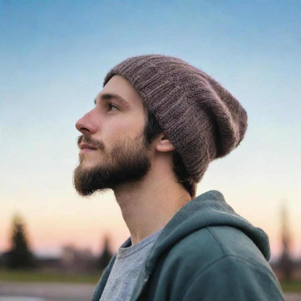 Craft a lofi-style image of a side profile of a young man with a neatly groomed beard and beanie, looking towards the sky, listening to music using headphones, possessing a tear of joy on his face symbolizing hope.