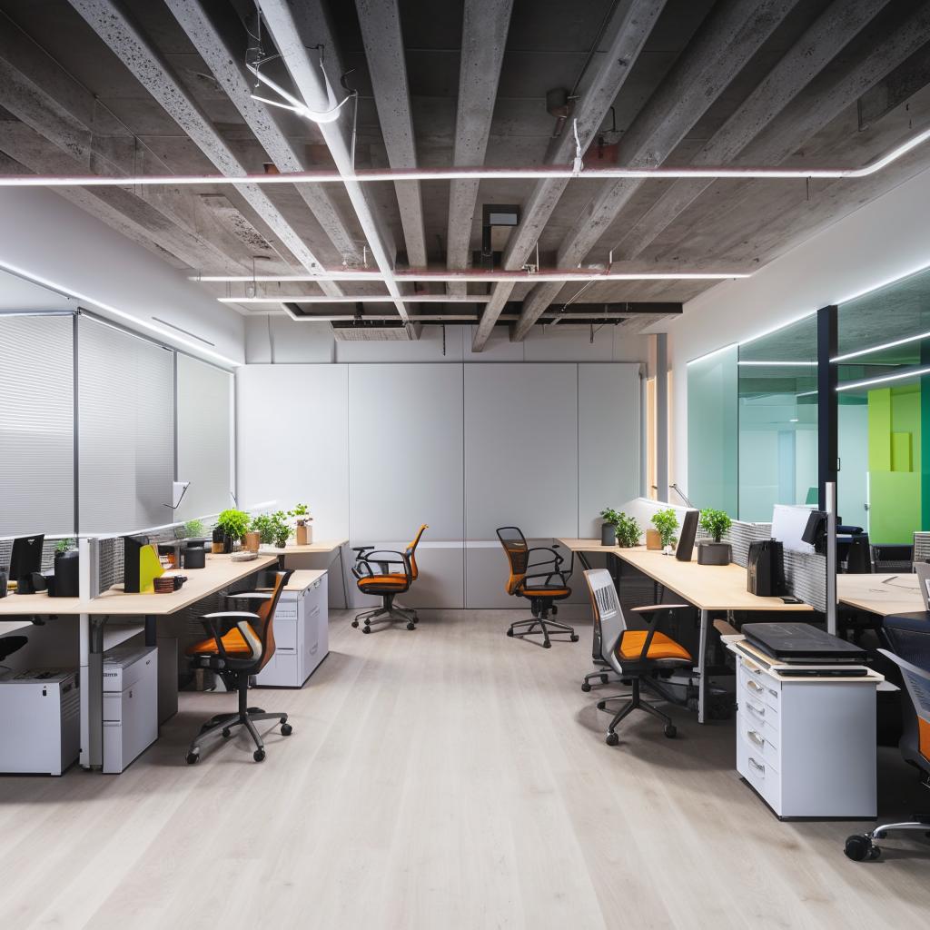 Design a modern and efficient office space in an area of 11ft by 20ft intended to accommodate 15 people. Using smart spatial organization and combining workstations, meeting zones, and ergonomic furniture solutions to ensure comfort and productivity.