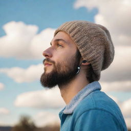 Craft a lofi-style image of a side profile of a young man with a neatly groomed beard and beanie, looking towards the sky, listening to music using headphones, possessing a tear of joy on his face symbolizing hope.