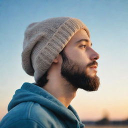 Craft a lofi-style image of a side profile of a young man with a neatly groomed beard and beanie, looking towards the sky, listening to music using headphones, possessing a tear of joy on his face symbolizing hope.