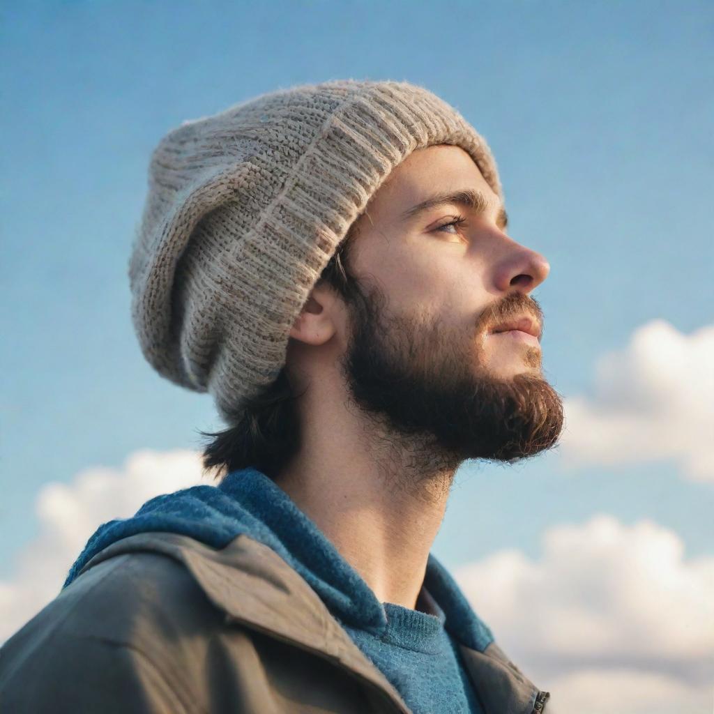 Craft a lofi-style image of a side profile of a young man with a neatly groomed beard and beanie, looking towards the sky, listening to music using headphones, possessing a tear of joy on his face symbolizing hope.